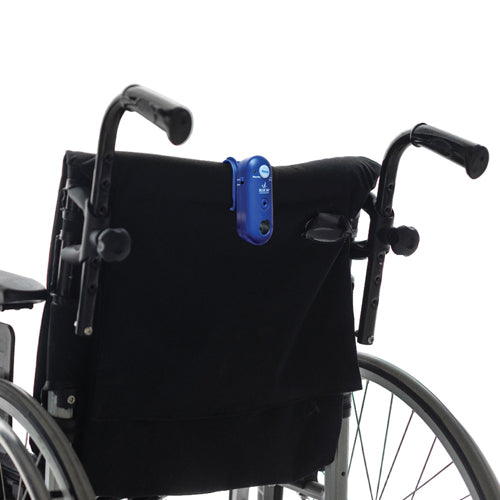Wheelchair with a blue device attached to the backrest on a white background for seniors