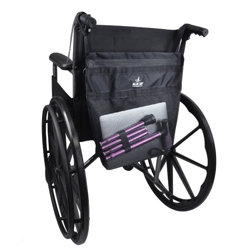 Wheelchair with a black bag and purple and gray folded walker attached on a white background for seniors