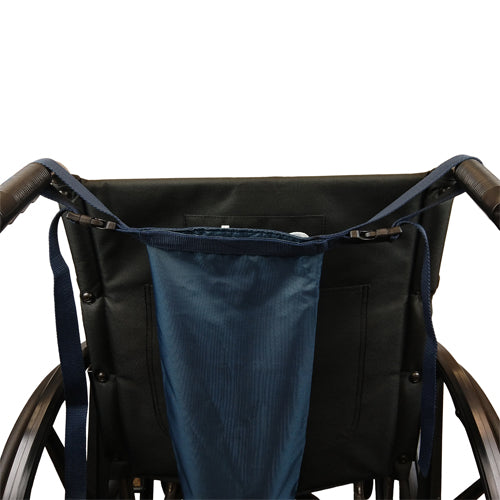 Wheelchair with a blue storage bag attached to the backrest on a white background