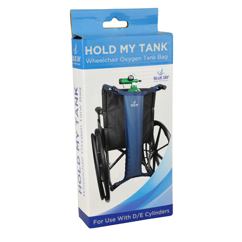 Package of 'Hold My Tank' wheelchair oxygen tank bag with blue and white design.