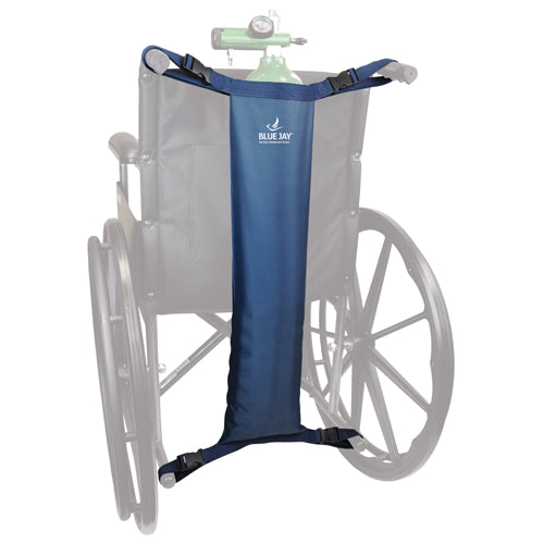 Blue tank holder attached to a wheelchair with 'Blue Jay' branding.