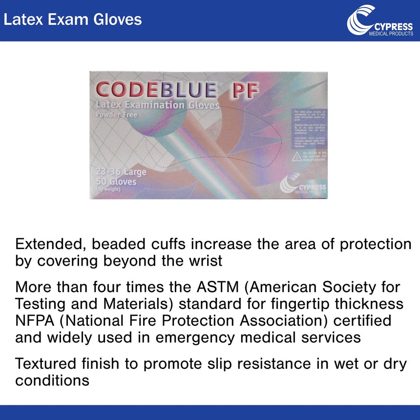 CodeBlue® PF Latex Extended Cuff Length Exam Glove, Large, Blue CODEBLUE® PF