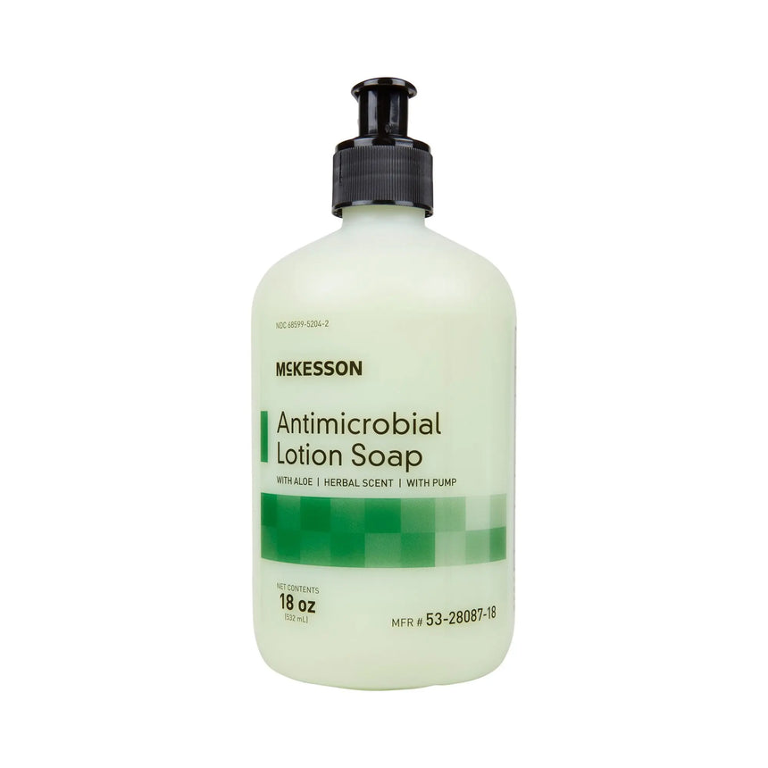 McKesson Antimicrobial Lotion Soap, Herbal Scent, 18 oz, Pump Bottle, Green, 0.95% Strength - getMovility