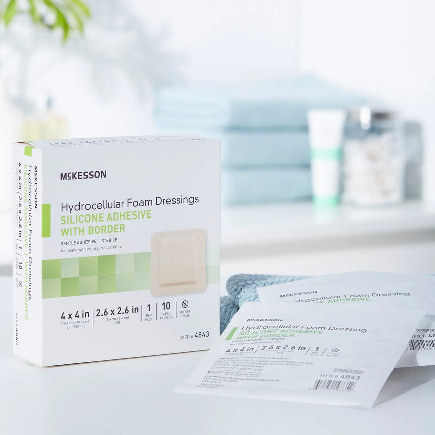 McKesson Silicone Adhesive with Border Silicone Foam Dressing, 4 x 4 Inch McKesson