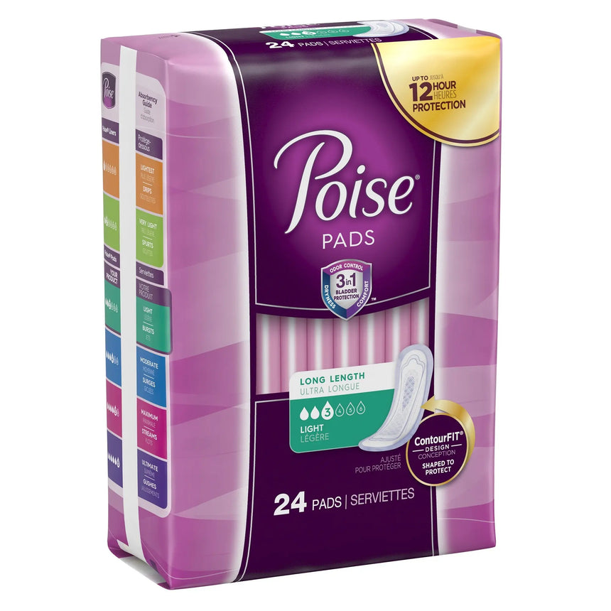 Poise Bladder Control Pad, Long, Light Absorbency, Disposable, Absorb-Loc Core, Female, One Size Fits Most - getMovility