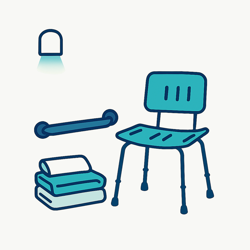 Bathroom safety equipment including grab bars, shower chair, and night light for comfort.
