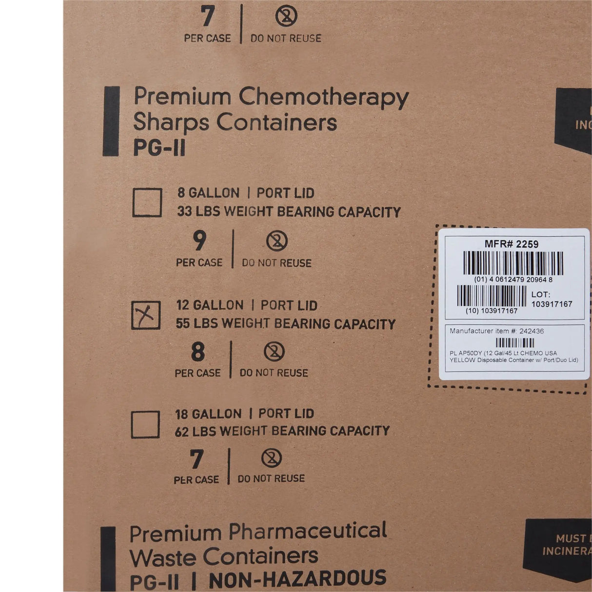 McKesson Prevent® Chemotherapy Sharps Container, 12 Gallon, 20-4/5 x 17-3/10 x 13 Inch McKesson Prevent®