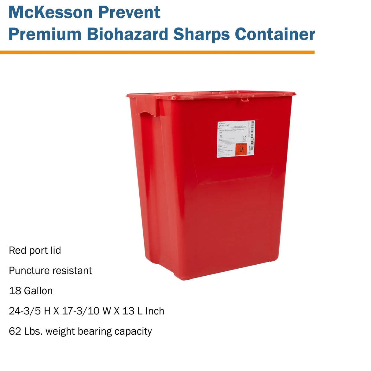 McKesson Prevent® Sharps Container, 18 Gallon, 24-3/5 x 17-3/10 x 13 Inch McKesson Prevent®