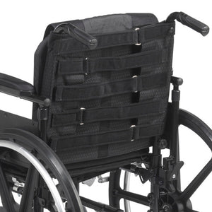 Black tactical pouch attached to a wheelchair on a white background