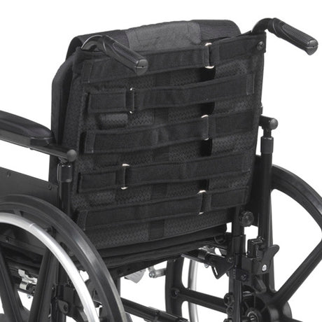 Black tactical pouch attached to a wheelchair on a white background