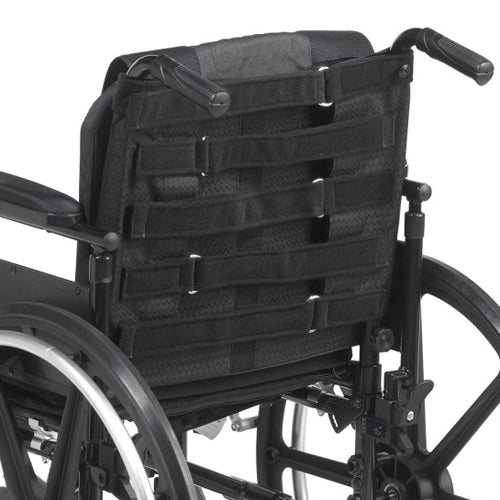 Black tactical pouch attached to a wheelchair on a white background