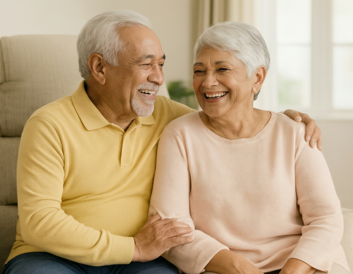 Two senior smiling and laughing with each other
