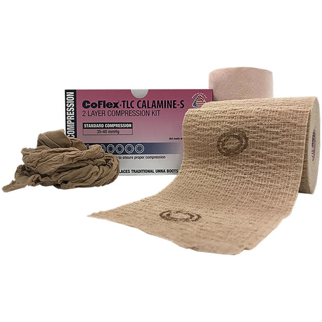 CoFlex® TLC Calamine with Indicators Self-adherent / Pull On Closure 2 Layer Compression Bandage System, 4 Inch x 6 Yard / 4 Inch x 7 Yard CoFlex® TLC Calamine with Indicators