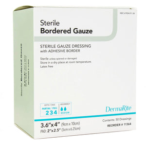 DermaRite® Gauze Adhesive Dressing, White, Sterile, 3-3/5 x 4 inch DermaRite® Bordered Gauze