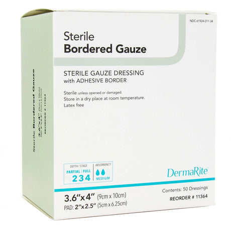 DermaRite® Gauze Adhesive Dressing, White, Sterile, 3-3/5 x 4 inch DermaRite® Bordered Gauze