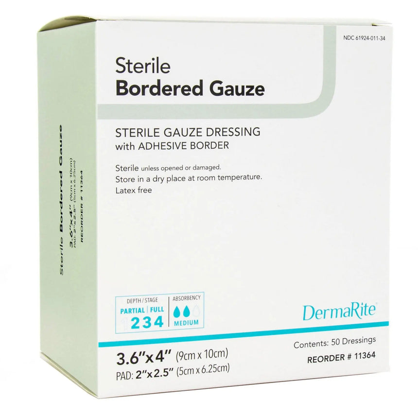 DermaRite® Gauze Adhesive Dressing, White, Sterile, 3-3/5 x 4 inch DermaRite® Bordered Gauze