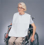 Woman in a wheelchair wearing a white shirt against a gray background for seniors