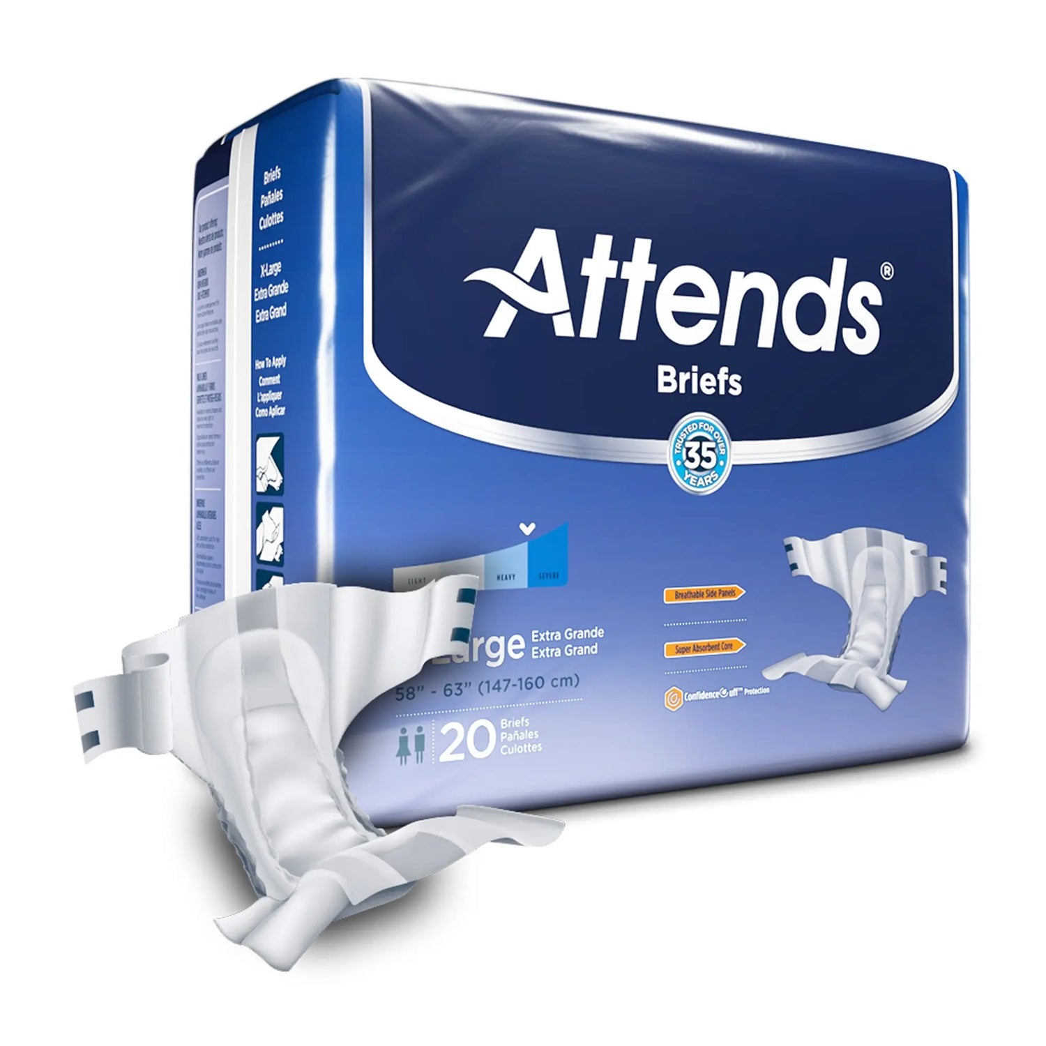 Attends Briefs, Adult, X-Large, Heavy Absorbency, Disposable, 58" to 63" Waist, White Attends®