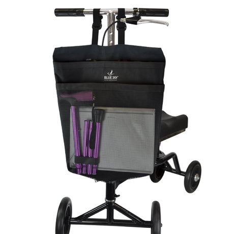 Black walker with storage bag and purple items on a white background