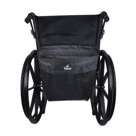 Black wheelchair with a storage bag on a white background for seniors