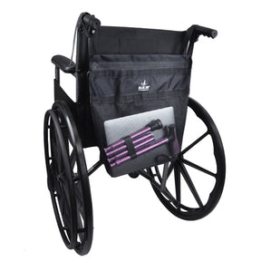 Wheelchair with a black bag and purple and gray folded walker attached on a white background for seniors
