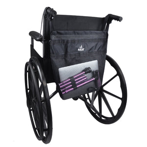 Wheelchair with a black bag and purple and gray folded walker attached on a white background for seniors