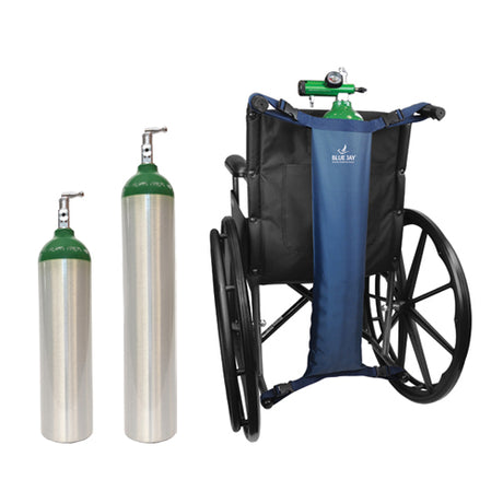 Wheelchair with oxygen tank holder and two oxygen tanks on a white background