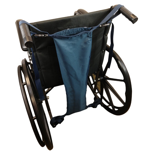 Wheelchair with a blue bag attached to the back on a white background