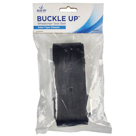 Black wheelchair seat belt in packaging with 'Blue Jay' branding.
