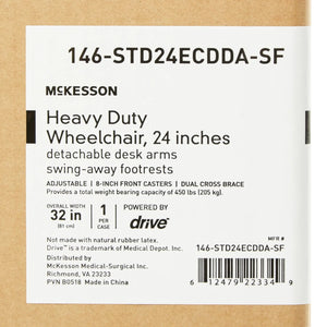 Bariatric Wheelchair McKesson Dual Axle Desk Length Arm Swing-Away Footrest Black Upholstery 24 Inch Seat Width Adult 450 lbs. Weight Capacity - getMovility