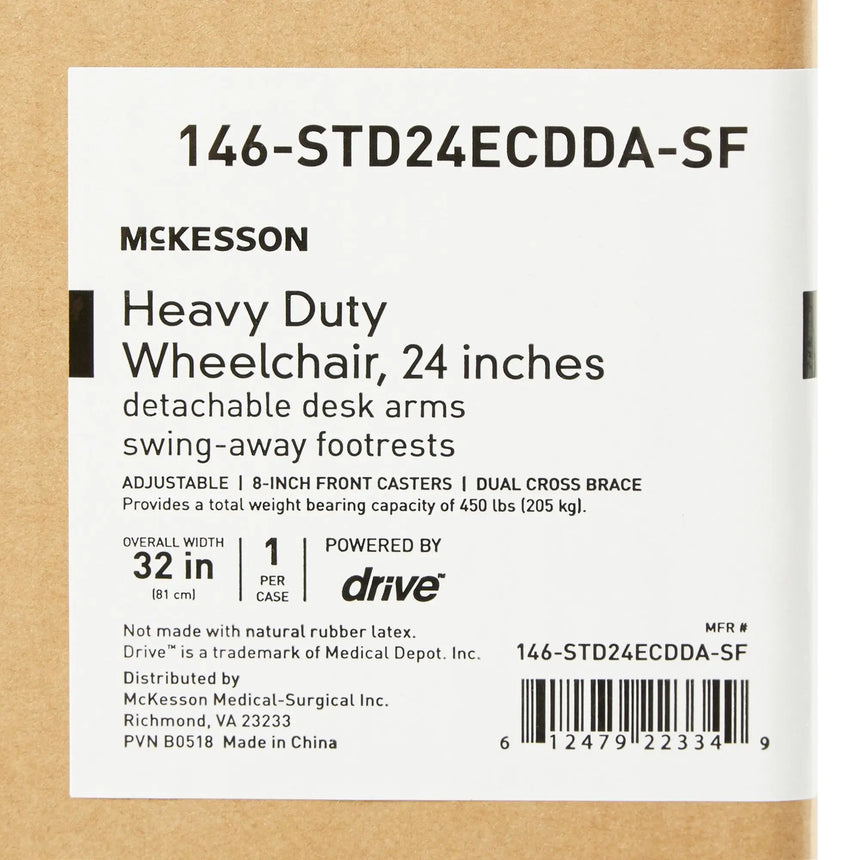 Bariatric Wheelchair McKesson Dual Axle Desk Length Arm Swing-Away Footrest Black Upholstery 24 Inch Seat Width Adult 450 lbs. Weight Capacity - getMovility