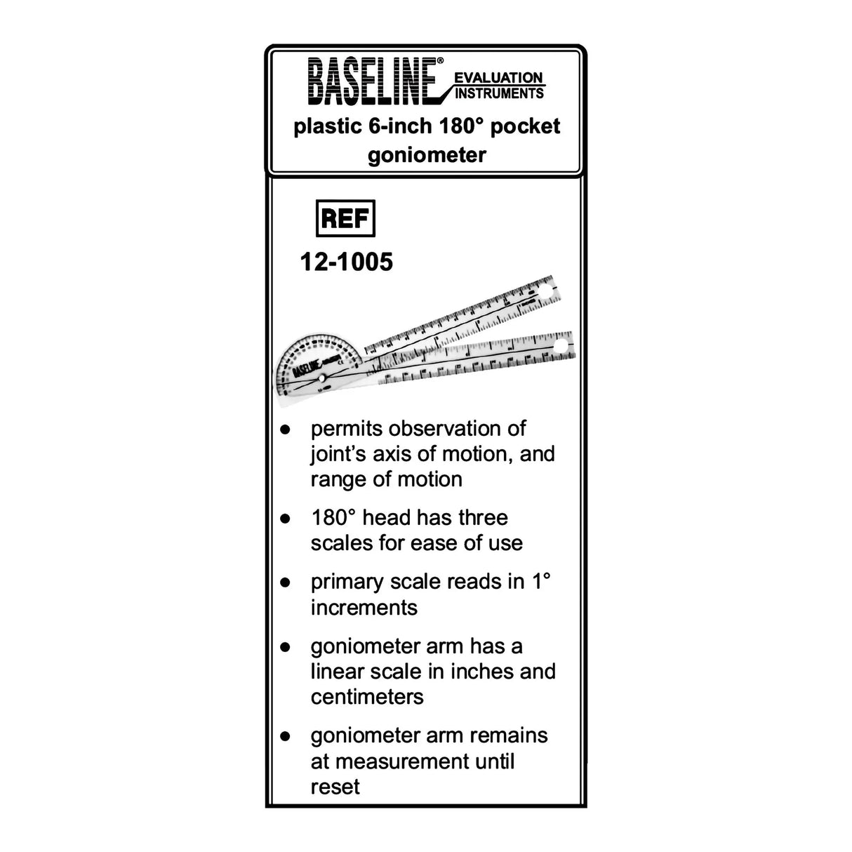 Baseline® 180° Head Plastic Goniometer, 6 Inch Arms Baseline®