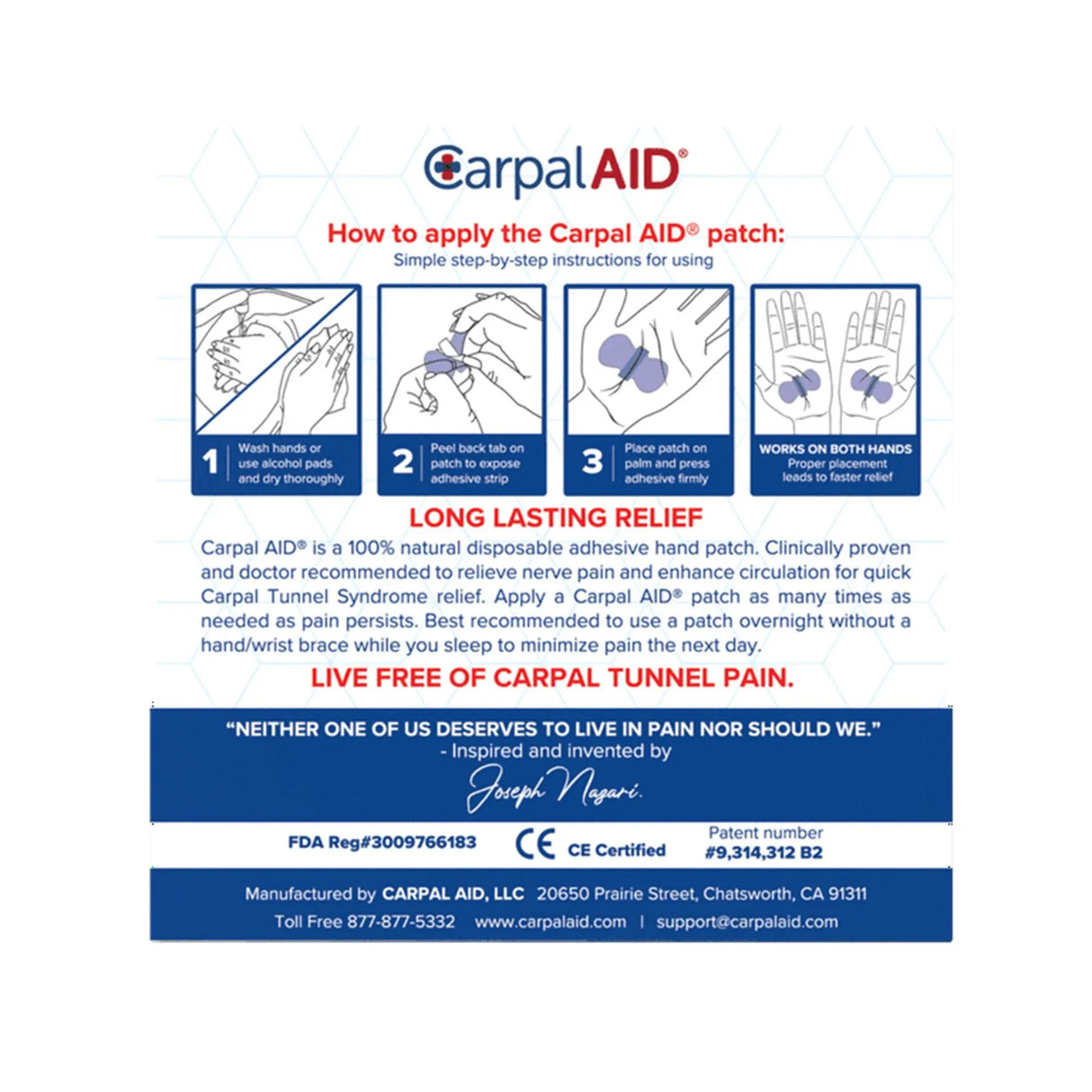 CarpalAid® Patch Hand-Based Carpal Tunnel Support, One Size Fits Most Carpal AID® Patch