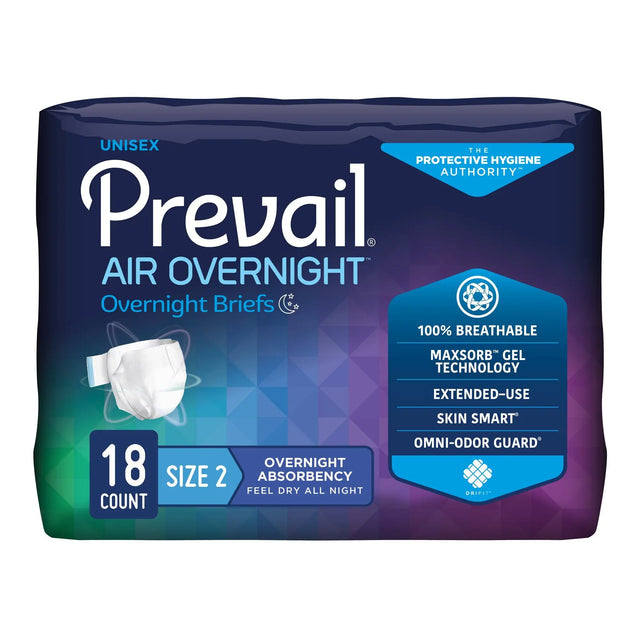 Prevail AIR Overnight Briefs, Heavy Absorbency, Unisex Adult, Disposable, Size 2, 45 to 62 Inch, Large, Orange, 18/Bag 4 Bags/Case Prevail Air™ Overnight