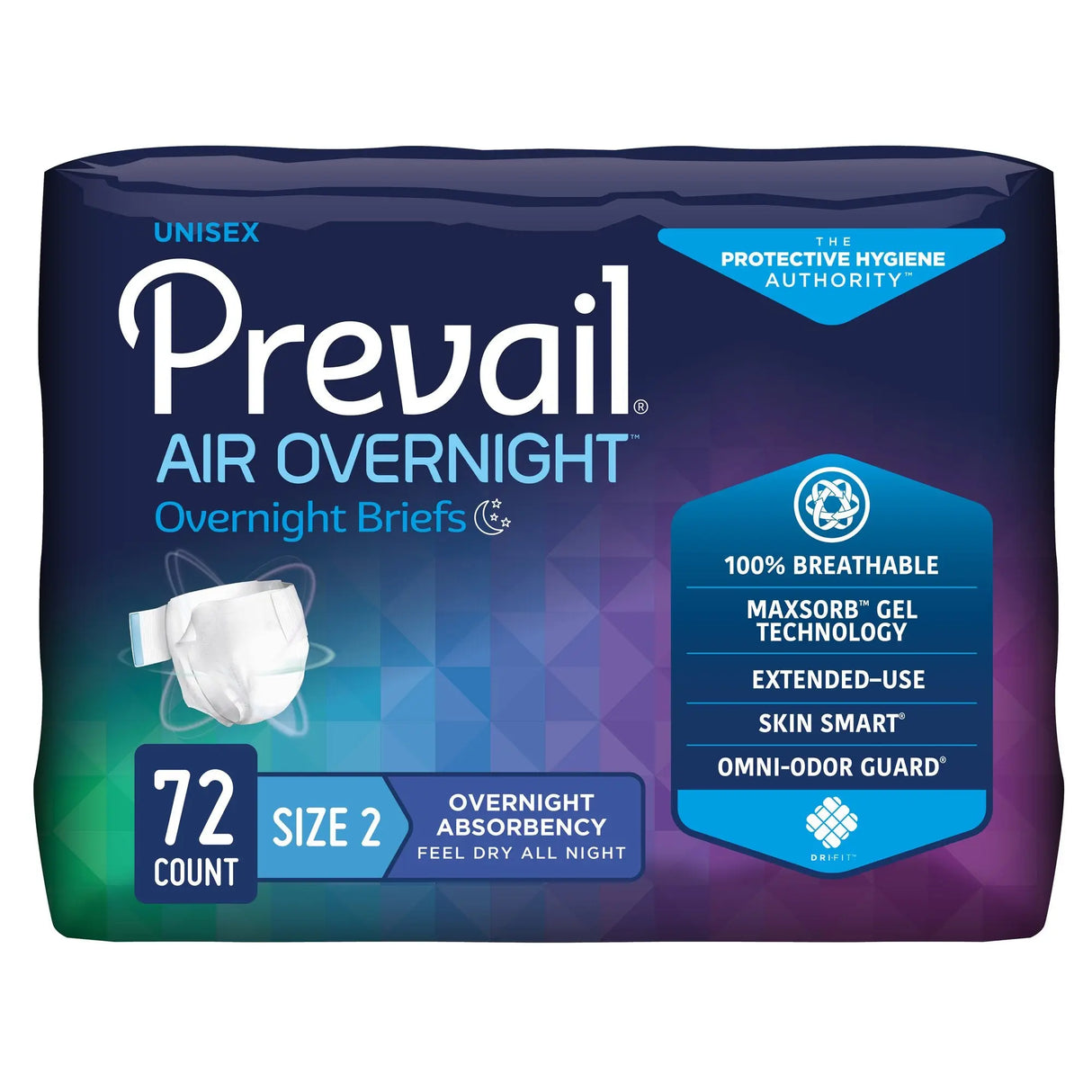 Prevail AIR Overnight Briefs, Heavy Absorbency, Unisex Adult, Disposable, Size 2, 45 to 62 Inch, Large, Orange, 18/Bag 4 Bags/Case Prevail Air™ Overnight