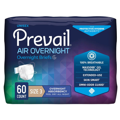 Prevail AIR Overnight Briefs, Heavy Absorbency, Unisex Adult, Disposable, Size 3, 58 to 70 Inch, Grey, 15/Bag, 4 Bags/Case Prevail Air™ Overnight