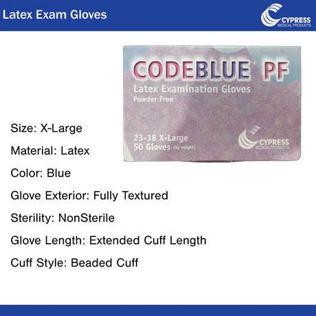 CodeBlue® PF Latex Extended Cuff Length Exam Glove, Extra Large, Blue CODEBLUE® PF