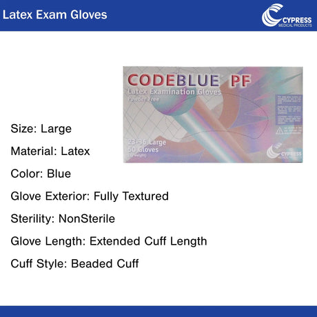 CodeBlue® PF Latex Extended Cuff Length Exam Glove, Large, Blue CODEBLUE® PF