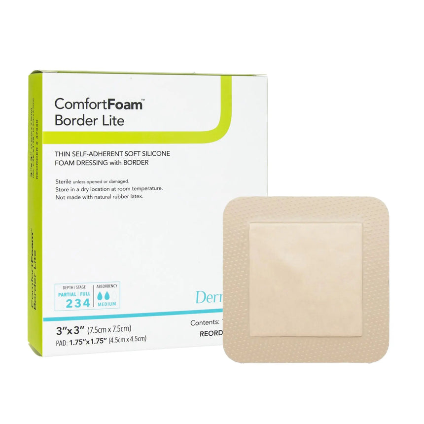 ComfortFoam™ Border Lite Silicone Adhesive with Border Thin Silicone Foam Dressing, 3 x 3 Inch ComfortFoam™ Border Lite