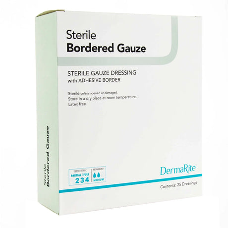 DermaRite® Sterile Gauze Adhesive Dressing, 4 x 5 Inch DermaRite® Bordered Gauze