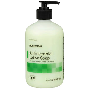 McKesson Antimicrobial Lotion Soap, Herbal Scent, 18 oz, Pump Bottle, Green, 0.95% Strength - getMovility