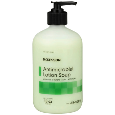 McKesson Antimicrobial Lotion Soap, Herbal Scent, 18 oz, Pump Bottle, Green, 0.95% Strength - getMovility