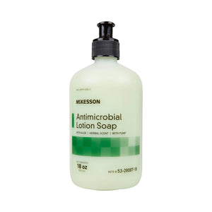 McKesson Antimicrobial Lotion Soap, Herbal Scent, 18 oz, Pump Bottle, Green, 0.95% Strength - getMovility