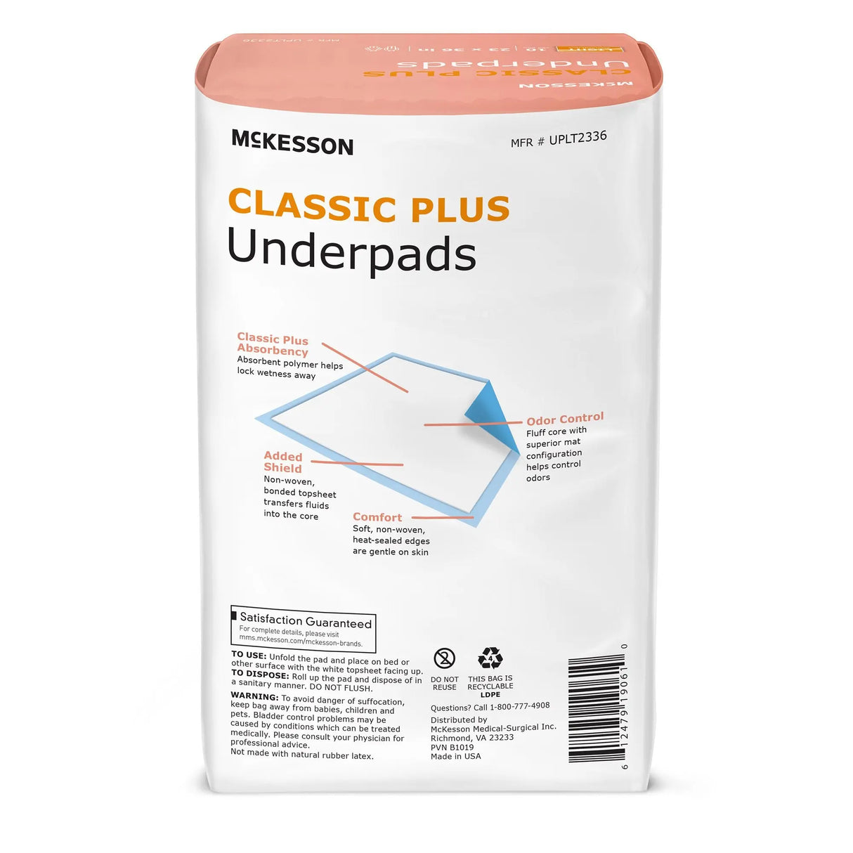 McKesson Classic Light Absorbency Underpad, 23 x 36 Inch McKesson Classic Plus