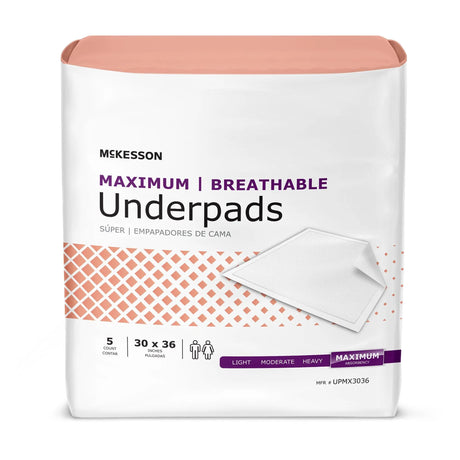 McKesson Ultimate Breathable Underpads, Maximum Protection, Heavy Absorbency, 30" x 36", White McKesson Ultimate Breathable