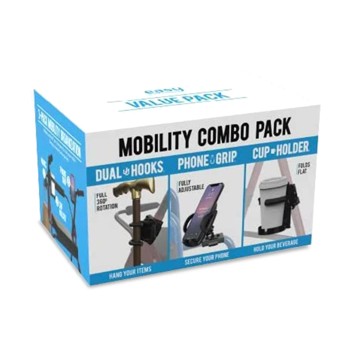 Mobility Aid Combo Pack, Cup Holder, Phone Grip, Bag Hooks Easy Mobility