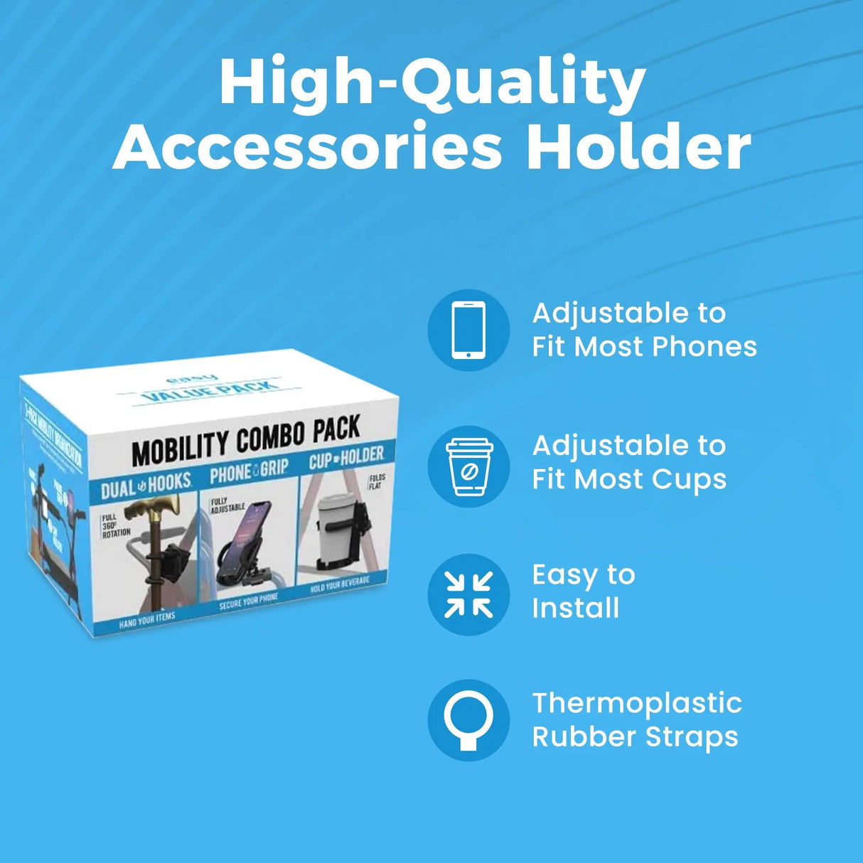 Mobility Aid Combo Pack, Cup Holder, Phone Grip, Bag Hooks Easy Mobility