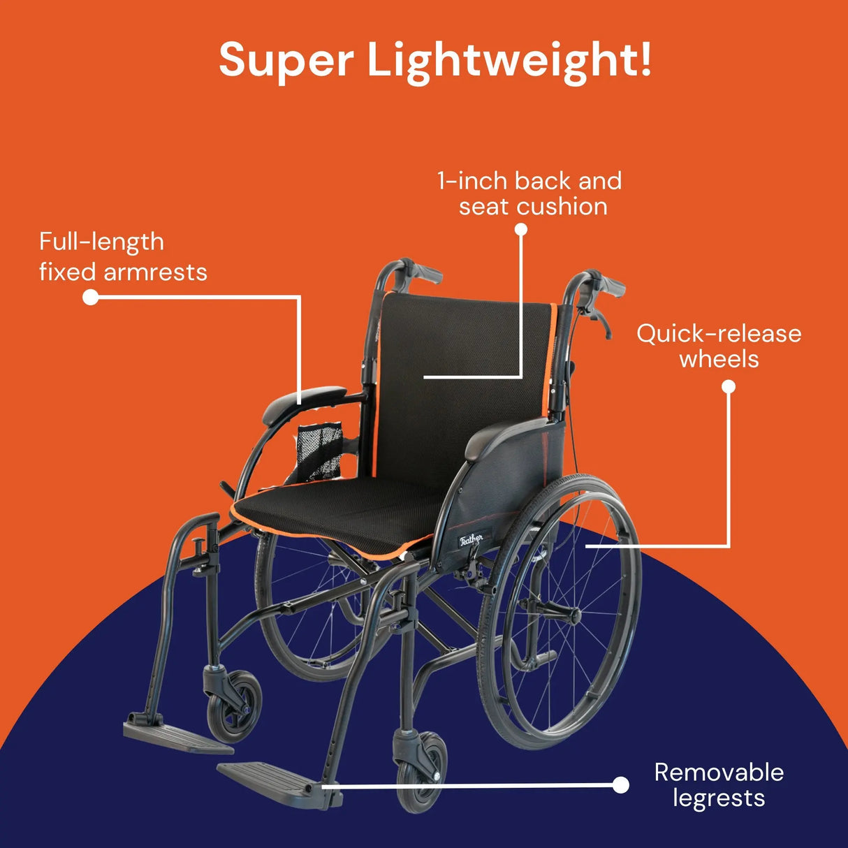 Lightweight Wheelchair Feather Full Length Arm Swing-Away Footrest Gray / Orange Upholstery 18 Inch Seat Width Adult 250 lbs. Weight Capacity - getMovility