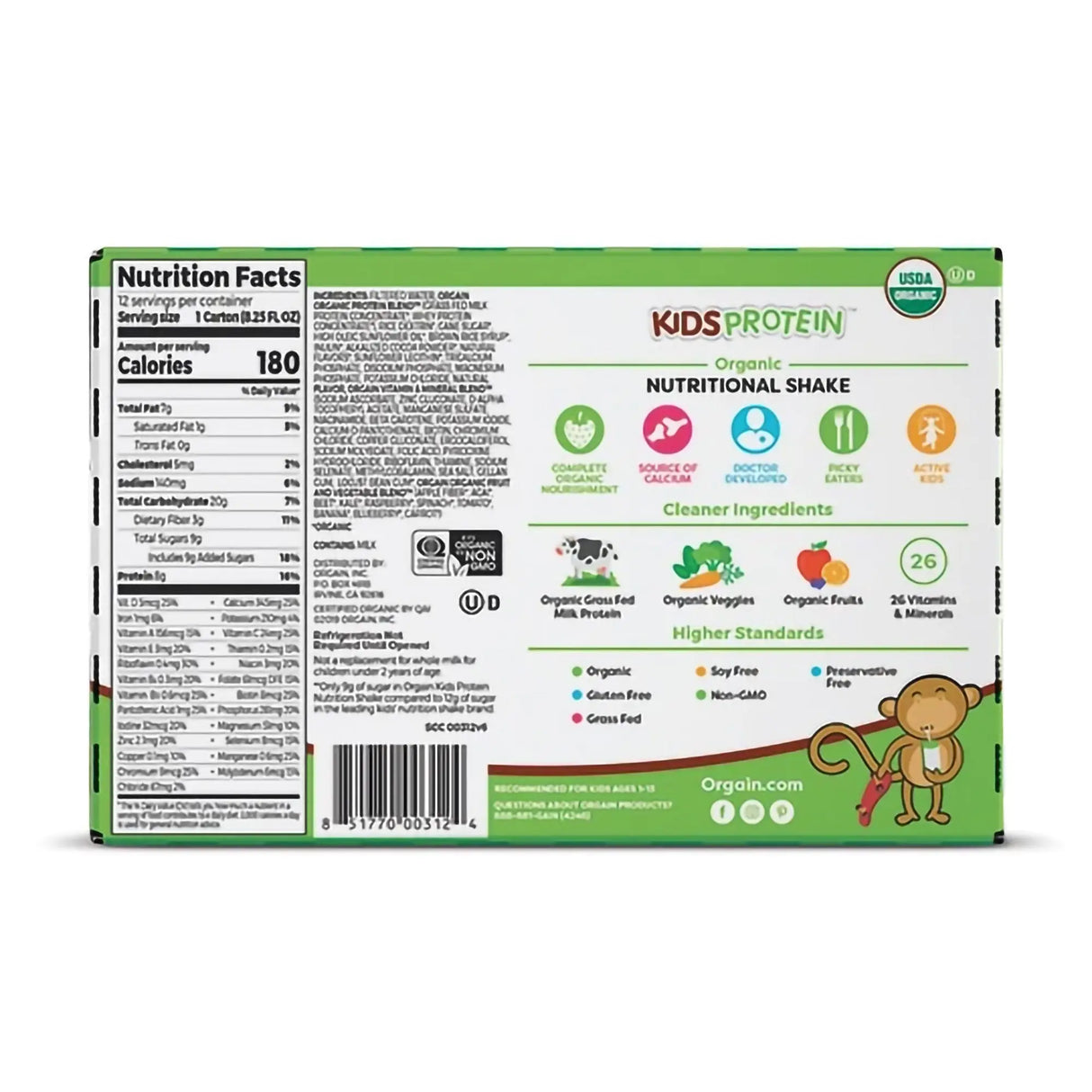 Orgain® Kids® Protein Organic Nutritional Shake Chocolate Pediatric Oral Supplement, 8.25 oz. Carton Orgain® Kids Protein™ Organic Nutritional Shake