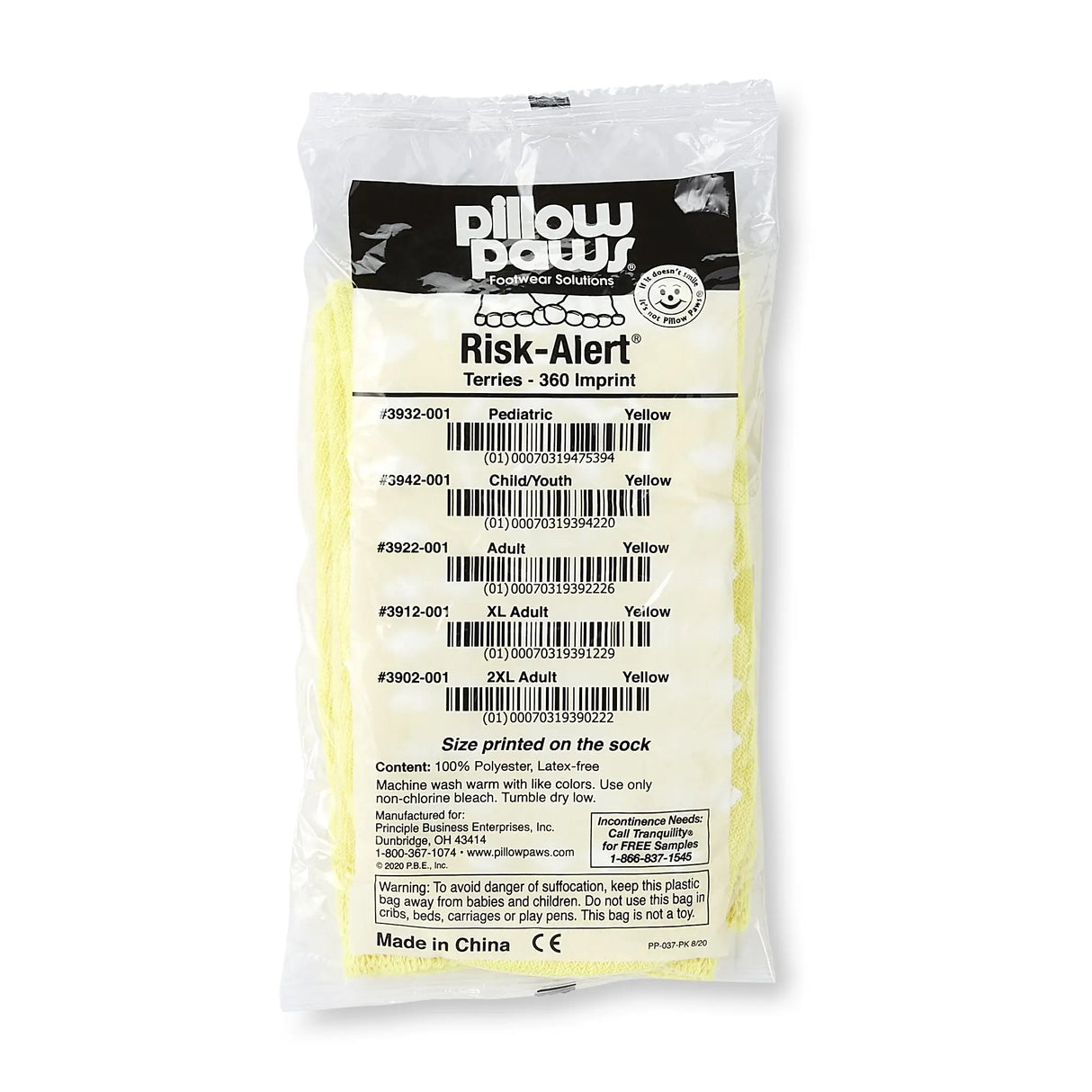 Pillow Paws® Yellow Risk Alert® Terries™ Slipper Socks, XL Adult Pillow Paws® Risk Alert® Terries™